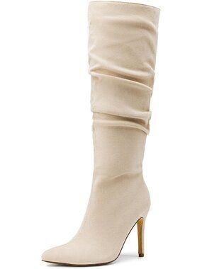 Women Knee High Boots Sexy Pointed Toe Stiletto High Heel Slouchy Beige Suede